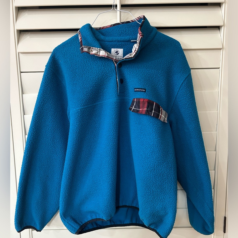 Southern Proper Men 1/4 Snap Fleece All Prep Pullover Red Plaid Tartan Blue M